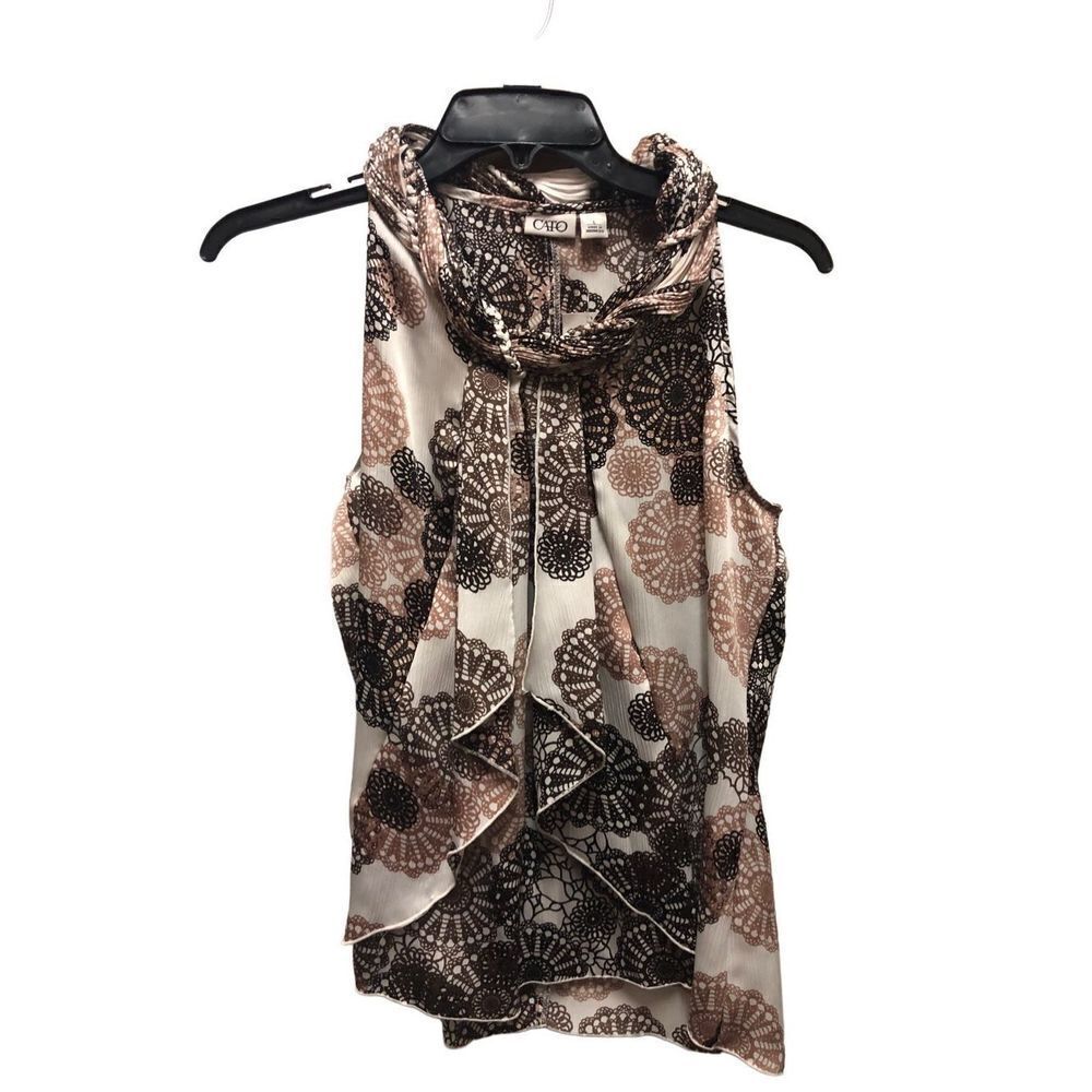 Cato Women’s Brown and Cream Paisley Circle Design Ruffle Sleeveless Tank Blouse